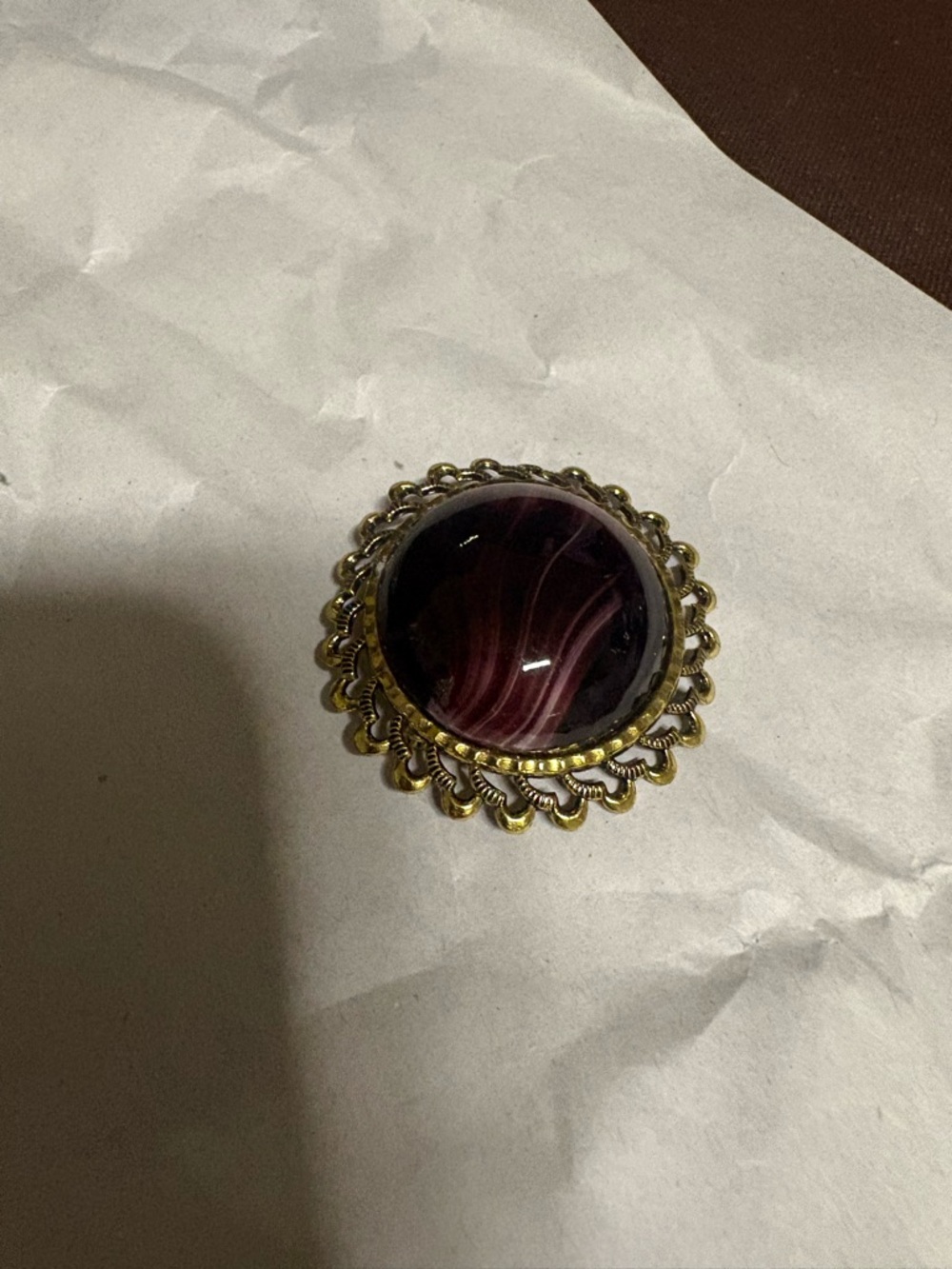 Vintage Signed Western Germany Gold Tone Brooch with Deep purple Cabochon